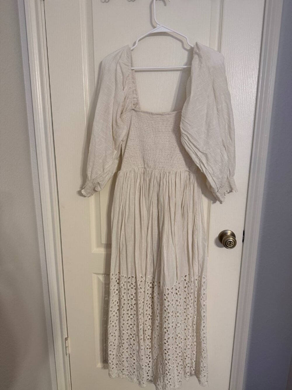 Free People White Smocked Maxi Dress, Puff Sleeves, Eyelet Hem — Medium